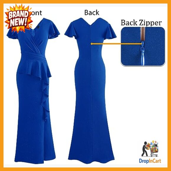 Ruched Wrap V Neck Ruffle Peplum Maxi Dress Formal Evening Gown High Slit - Picture 4 of 7